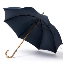 Blue Umbrella "Traveller" With Handle Made Of Bamboo Wood