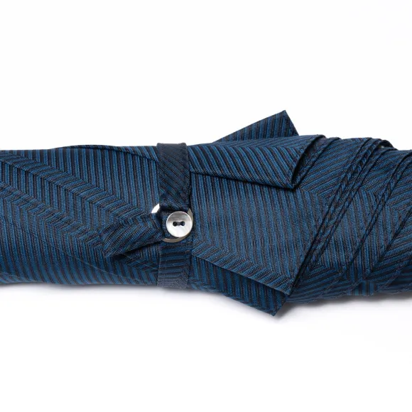 Blue Umbrella "Traveller" With Handle Made Of Bamboo Wood