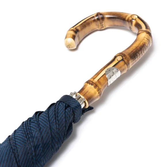 Blue Umbrella "Traveller" With Handle Made Of Bamboo Wood
