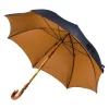 Blue Umbrella With Light Brown Dots And Handle Made Of Chestnut Wood