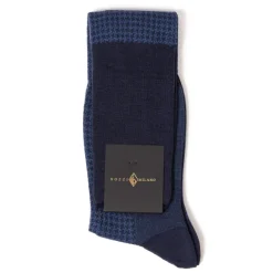 Dark Blue And Ink Blue Patterned Merino Wool Knee Sock "Pied De Poule