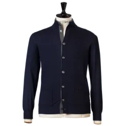 Dark Blue Cardigan "Bicolor Bomber Rib" With Stand-Up Collar Made Of P