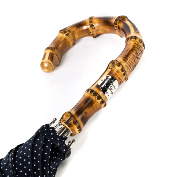 Dark Blue Dotted Umbrella "Traveller" With Bamboo Handle