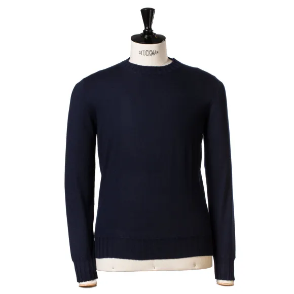 Dark Blue Pullover "Round Rib" Made Of Pure Duvet Cashmere