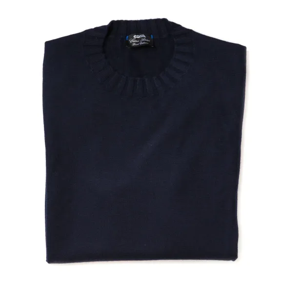 Dark Blue Pullover "Round Rib" Made Of Pure Duvet Cashmere