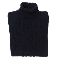 Dark Blue Turtleneck Sweater "Alain Aran-Cable" Made Of 6 Ply-Lambswoo