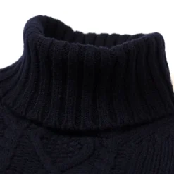 Dark Blue Turtleneck Sweater "Alain Aran-Cable" Made Of 6 Ply-Lambswoo
