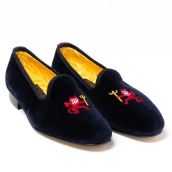 Dark Blue Velvet Loafers "Little Red Devil" With Leather Sole - Handma
