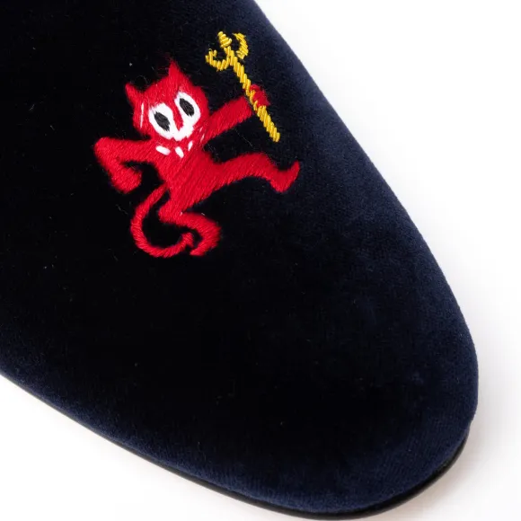 Dark Blue Velvet Loafers "Little Red Devil" With Leather Sole - Handma