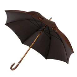 Dark Brown Striped Stick Umbrella With Handle Made Of Walnut Wood