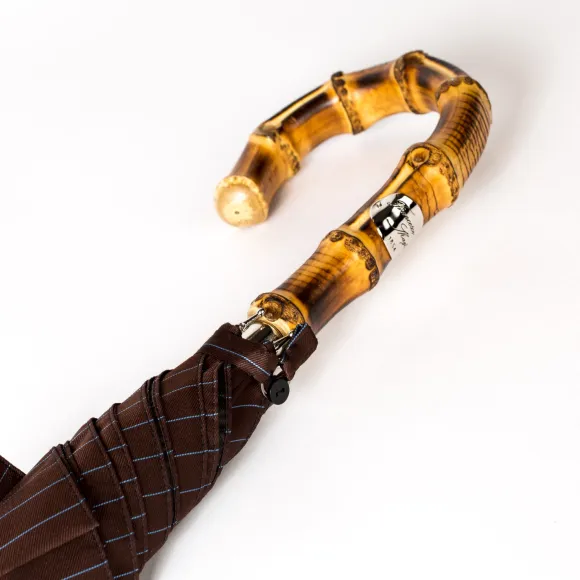 Dark Brown Striped Umbrella "Traveler" With Bamboo Handle