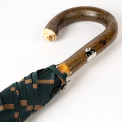 Dark Green Striped Umbrella With Handle Made Of Walnut
