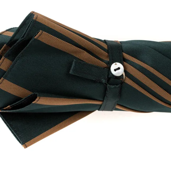 Dark Green Striped Umbrella With Handle Made Of Walnut