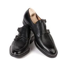 Double Monk "Apron" Made Of Black Scotch Brain Calfskin - Hand-Polished