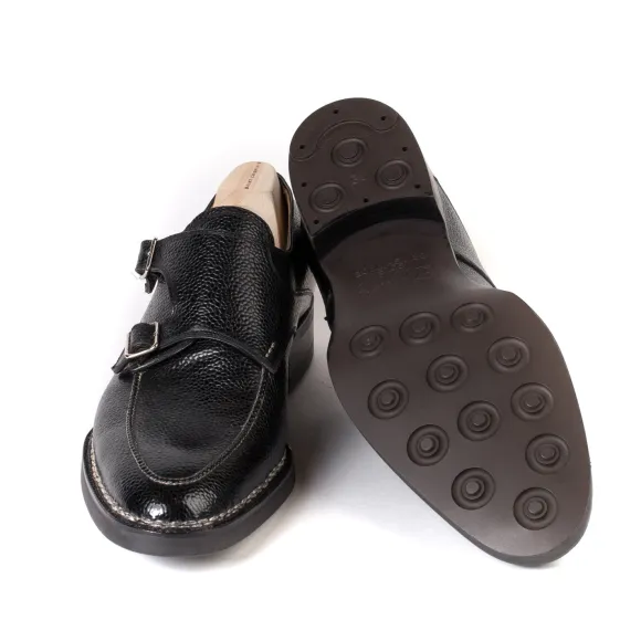 Double Monk "Apron" Made Of Black Scotch Brain Calfskin - Hand-Polished