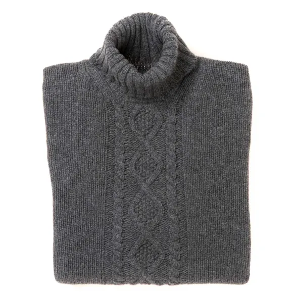 Flannel Gray Turtleneck Sweater "Alain Aran-Cable" In 6-Ply Lambswool