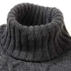 Flannel Gray Turtleneck Sweater "Alain Aran-Cable" In 6-Ply Lambswool