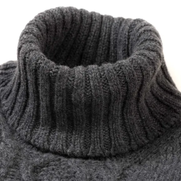 Flannel Gray Turtleneck Sweater "Alain Aran-Cable" In 6-Ply Lambswool