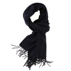 Fox Brothers X Mj: Dark Blue Scarf "Fox Pin-Stripe" Made Of Cashmere A