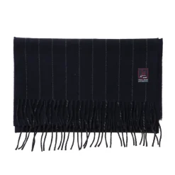 Fox Brothers X Mj: Dark Blue Scarf "Fox Pin-Stripe" Made Of Cashmere A