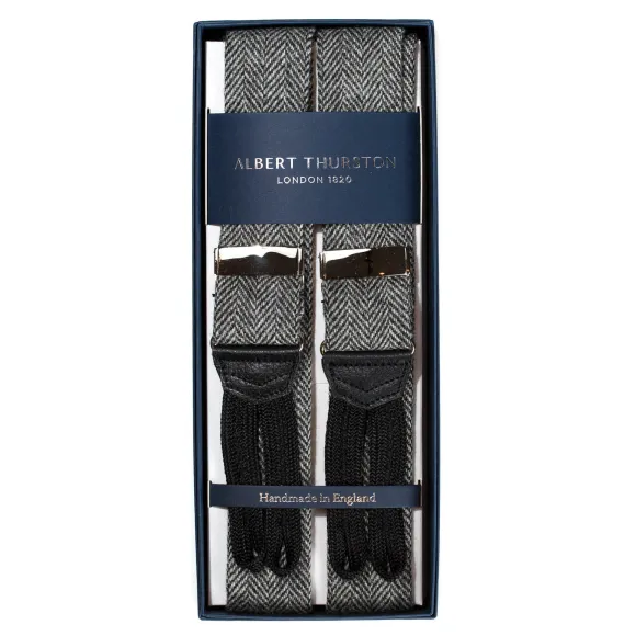Gray Braces "Shetland-Tweed" In Herringbone Pattern To Button