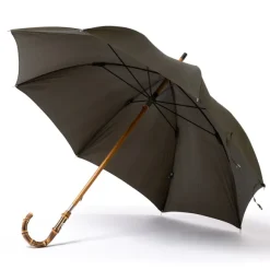 Green Umbrella "Traveller" With Handle Made Of Bamboo Wood