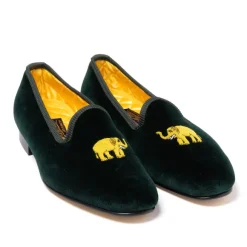 Green Velvet Slipper "Elephant" With Leather Sole - Handmade