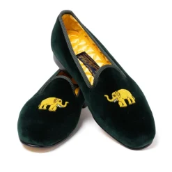 Green Velvet Slipper "Elephant" With Leather Sole - Handmade