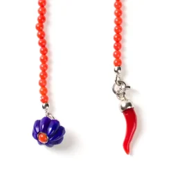 Lapel Chain "Lapislazuli & Corail Flower" Made Of Lapis Lazuli, Coral