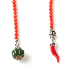 Laple Chain "Jade & Corail Flower" Made Of Lapis Lazuli, Coral And Ste
