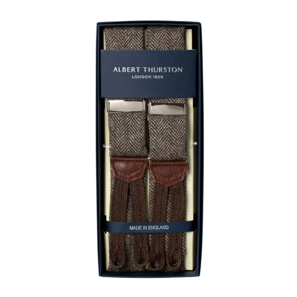 Light Brown Suspenders With Herringbone Pattern To Button