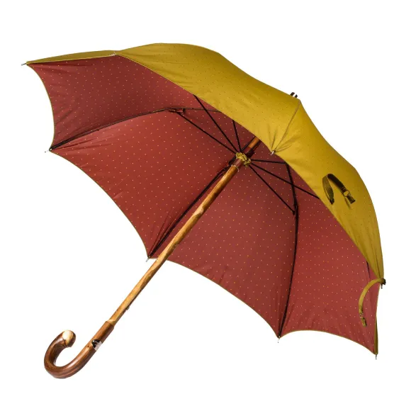 Light Green Umbrella With Light Pink Dots And Handle Made Of Chestnut Wood