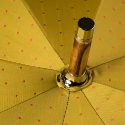 Light Green Umbrella With Light Pink Dots And Handle Made Of Chestnut Wood