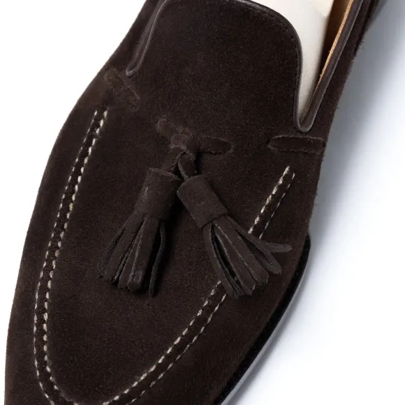 Loafer "Split Toe Tassel" Made Of Dark Brown Suede Leather - Purely Ha
