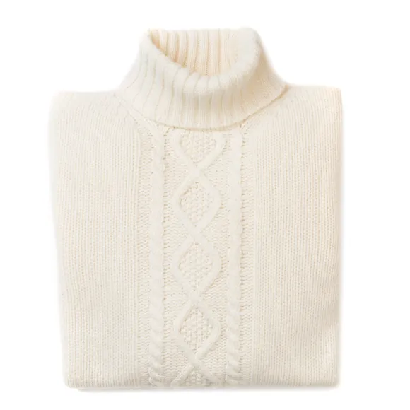 Natural White Turtleneck Sweater "Alain Aran-Cable" Made Of 6 Ply Lamb