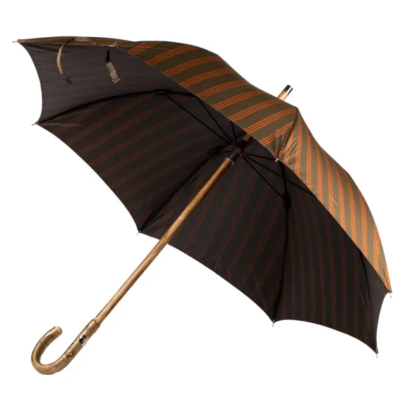 Olive-Colored Striped Umbrella With Wooden Handle