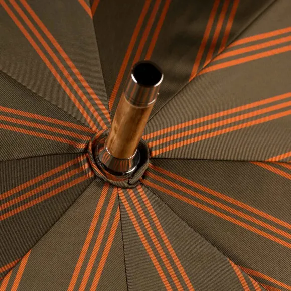 Olive-Colored Striped Umbrella With Wooden Handle
