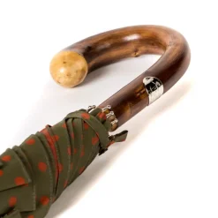 Olive-Green Umbrella With Rust-Red Dots And Handle Made Of Chestnut Wood