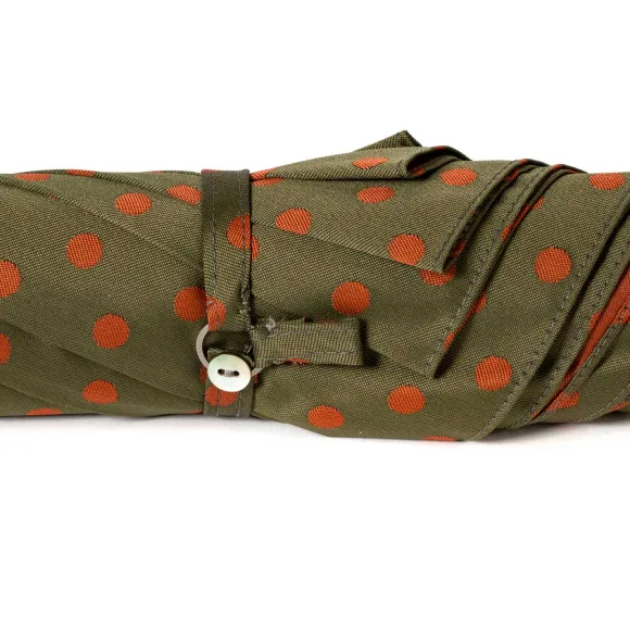 Olive-Green Umbrella With Rust-Red Dots And Handle Made Of Chestnut Wood