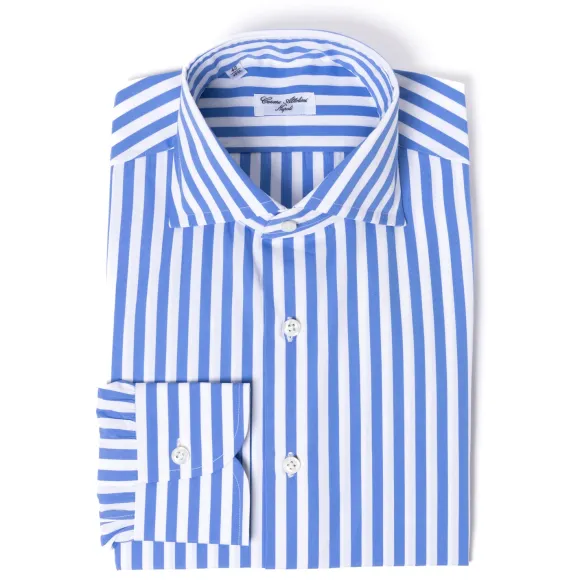 Pure Cotton Striped Shirt "Cielo Azzurro" From Alumo - Collo Tom