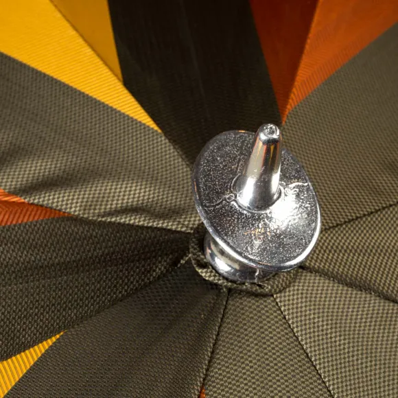 Sit-Down Umbrella Made Of Massive Wood And Fabric With Multicolored Stripes