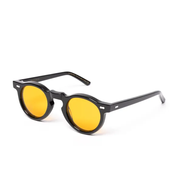 Sonnenbrille "Welt Black" Mit Safrangelben Glasern - Handarbeit