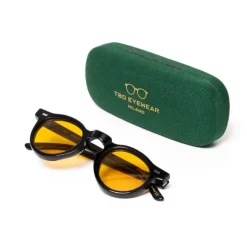 Sonnenbrille "Welt Black" Mit Safrangelben Glasern - Handarbeit