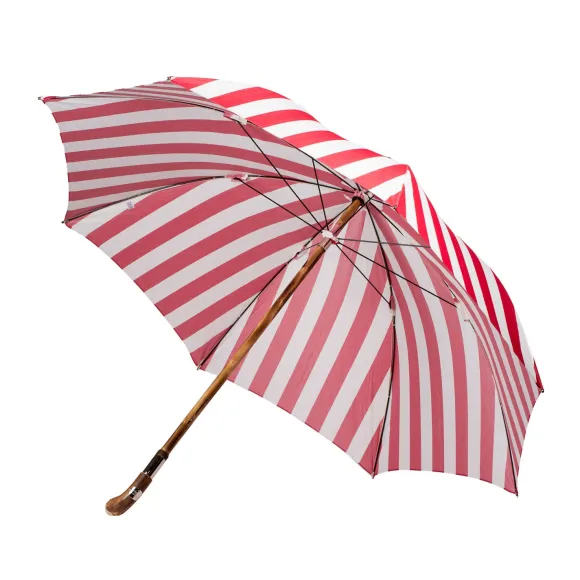 Striped Sun Umbrella "Picknick" With Handle Made Of Chestnut Root