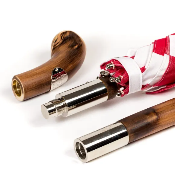 Striped Sun Umbrella "Picknick" With Handle Made Of Chestnut Root