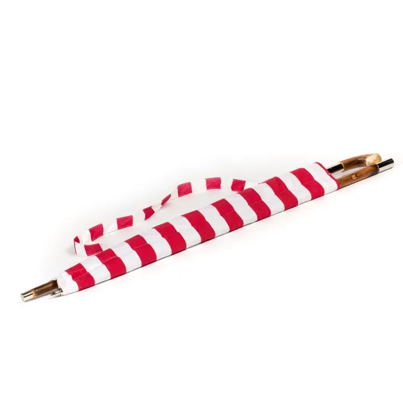 Striped Sun Umbrella "Picknick" With Handle Made Of Chestnut Root