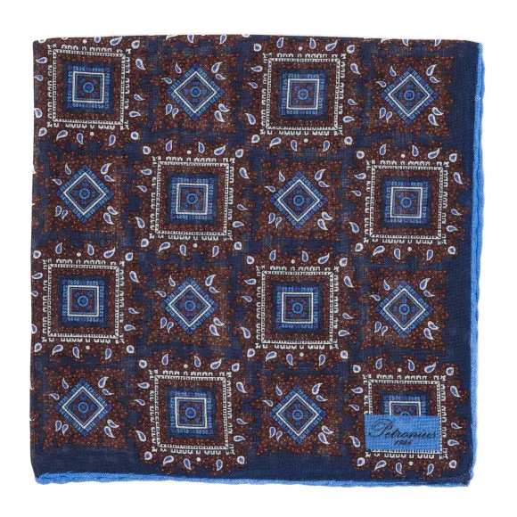 Wool And Silk Pocket Square "Vintage 58" - Medaillon Large Blue