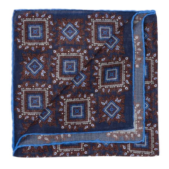 Wool And Silk Pocket Square "Vintage 58" - Medaillon Large Blue